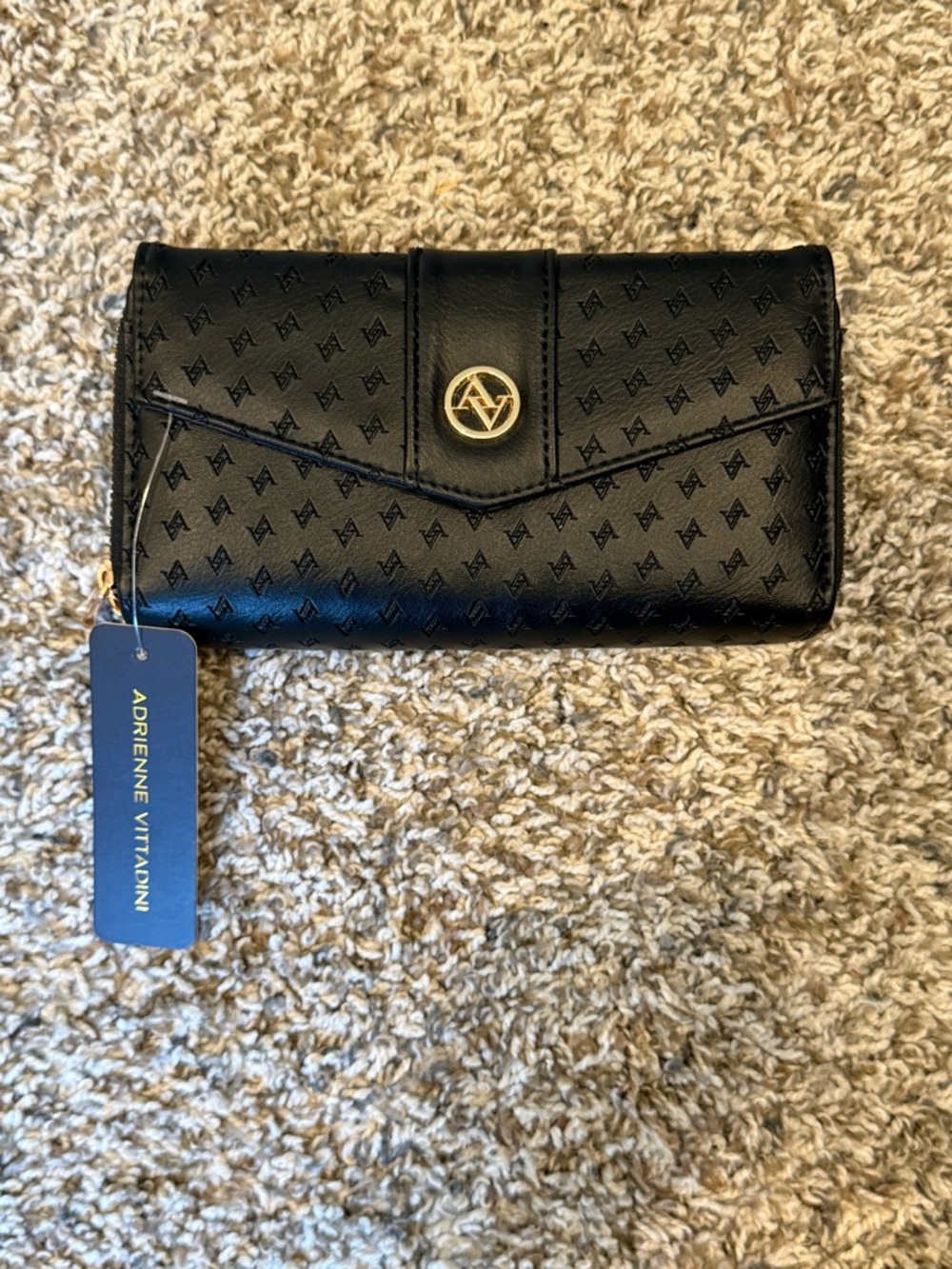 Adrienne Vittadini Black Monogram Continental Wallet with Gold Logo